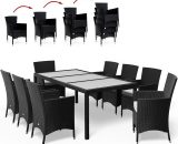 Poly Rattan Dining Table Chairs Set Mailand 8 Seater Garden Furniture Stackable 7cm Cushion Pads 190x90cm Black - Casaria 994888 4251779108855