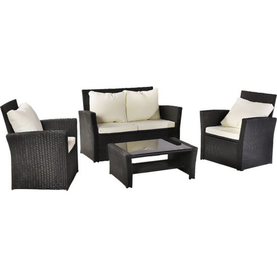 Rattan Garden Sofa Furniture Sets Patio Conservatory 4 Seaters Armchairs Table wish Cushion - Black - Black G34000210+G34000211