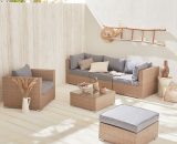 5 seater rattan garden furniture sofa set table, beige rattan / charcoal grey cushions. Conservatory furniture. Ready assembled. - Beige W007NATGY 3760287189603