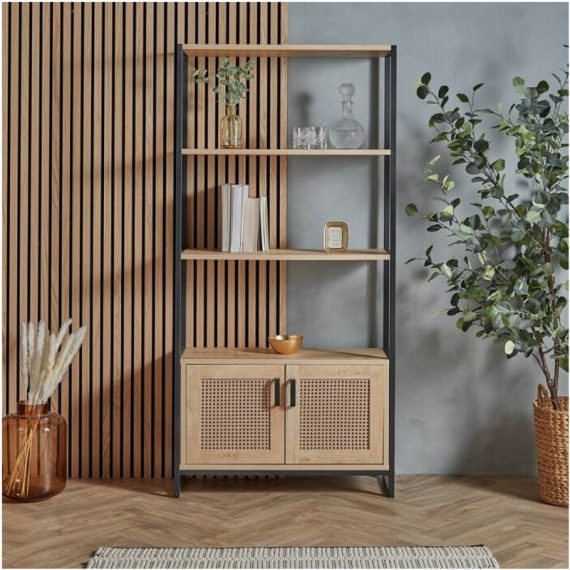 Riley Rattan Book Stand, Natural-Industrial Style, 2 Doors, 3 Shelves, For Dining Room, Lounge, Bedroom - Spinningfield 3000326 5056115791512
