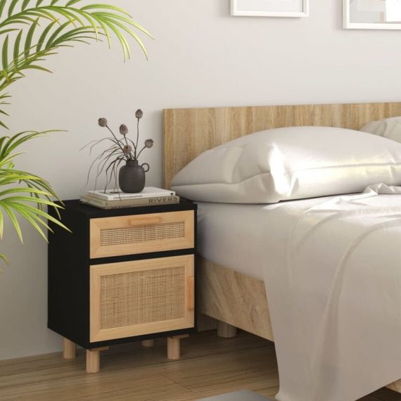 Bedside Cabinet Black Solid Wood Pine and Natural Rattan 345608UK 805384878258