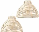 2 x Cream Wicker Rattan Basket Ceiling Pendant Light Shades + 10W LED GLS Bulbs Warm White A7550 5055759975500