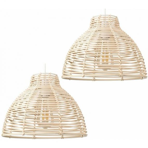 2 x Cream Wicker Rattan Basket Ceiling Pendant Light Shades + 10W LED GLS Bulbs Warm White A7550 5055759975500