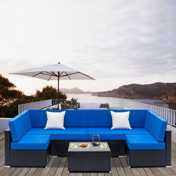 Outvita - Fully Equipped Weaving Garden Furniture Rattan Sofa Set with 2pcs Corner Sofas & 4pcs Single Sofas & 1 pcs Coffee Table Black Embossed G26000847*2+G26000848