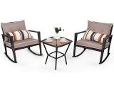 Costway 3 pcs Rattan Wicker Rocking Bistro Set, Glass Coffee Tea Table and 2 Rocking Chairs with Cushion & Waist Pillow, Conversation Sets for HW57335GR 6971191098869