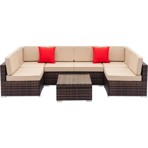 Outvita - 7PCS Set Fully Equipped Garden Weaving Rattan Sofa Set with 2pcs Middle Sofas & 4pcs Single Sofas & 1 pc Coffee Table Brown Gradient G26000857*2+G26000858