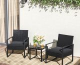 Set of 3 Garden Rattan Patio Furniture Set with Iron Frame,Black - Livingandhome LG0900 747492407787