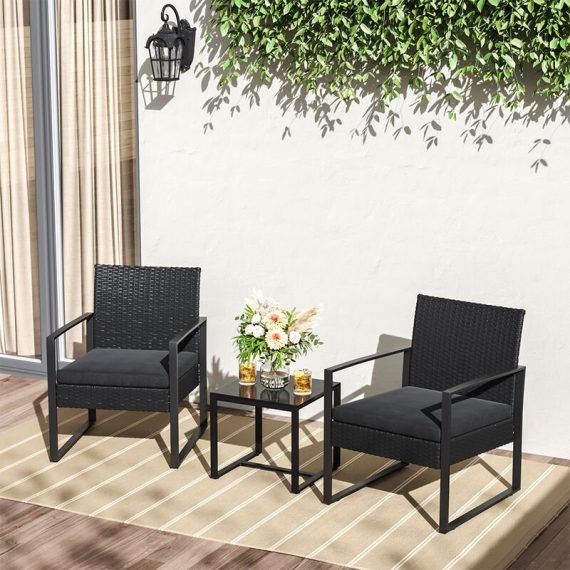 Set of 3 Garden Rattan Patio Furniture Set with Iron Frame,Black - Livingandhome LG0900 747492407787
