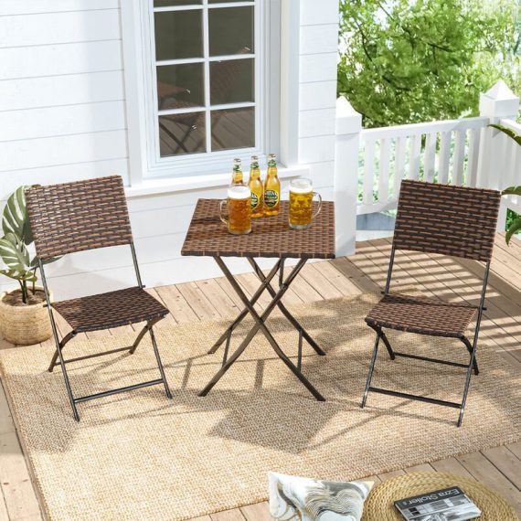 Set of 3 Rattan Garden Foldable Coffee Table and Chairs Set, Brown - Livingandhome LG0782 742521051757