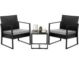 Garden furniture set, rattan set 3 parts,balcony set, seating group, stable metal frame, comfortable cushion, glass table & 2 armchairs, for garden, H11017748 735940010924