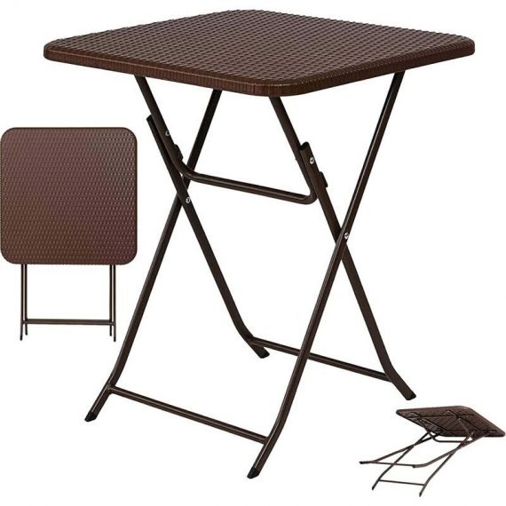 Folding Table (23.6x 23.6x 28.5") with No Assembly Required, Square Brown Rattan Plastic Portable tv Tray Table, Outdoor Waterproof Balcony Patio 1015991 665878250867