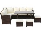 Famiholld - 9-Seater Rattan Furniture Outdoor Sofa Dining Table With Free Rain Cover Black Silk Screen Glass Beige Sofa Cover (uk Flame Retardant FA2_G56000034+G56000033