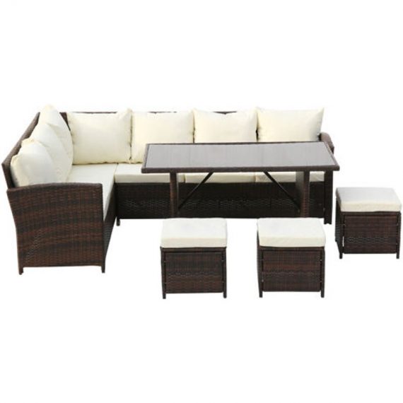 Famiholld - 9-Seater Rattan Furniture Outdoor Sofa Dining Table With Free Rain Cover Black Silk Screen Glass Beige Sofa Cover (uk Flame Retardant FA2_G56000034+G56000033