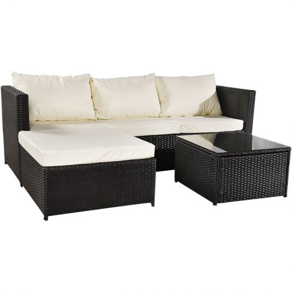 3-piece Garden Rattan Furniture Set Conjoined Sofa Pedal Coffee Table-Black - Black FA1-G34000205+G34000207