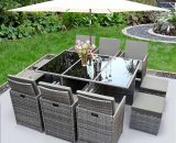 Santorini 10 seater cube rattan outdoor patio garden dining table set grey with cream parasol - Grey FUR-GAR-SANT-10-GREY/PARA-2X3-CRM 5055744824608