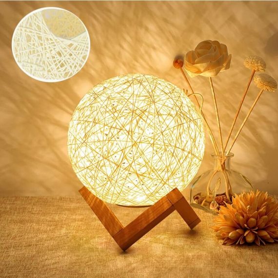 LED Night Light, Bedside Lamp, Rattan and Wood Bedroom Mood Lamp, USB Rechargeable BRU-1846 3442935822482