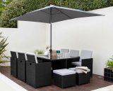 10 Seater Rattan Cube Garden Dining Set with Parasol - Black Weave - Grey SET-DS-CUBE-10-BK-PAR-GRY 5056301626345
