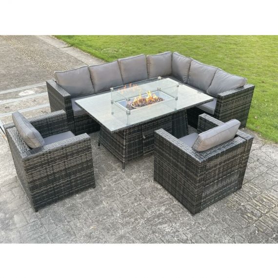 Oudoor Rattan Garden Right Corner Furniture Gas Fire Pit Table Sets Lounge Chairs Dark Grey 8 seater A100020606166364