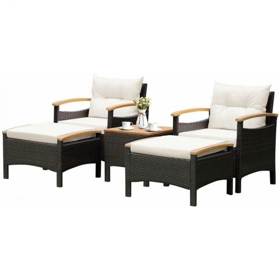 5 Piece Patio Rattan Furniture Set Wicker Lounge Chair and Ottoman Set W/ Table HW70449+