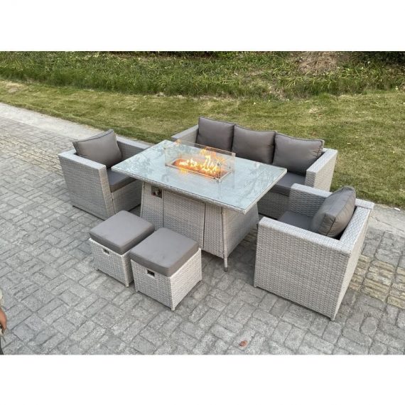 Fimous Light Grey Rattan Garden Furniture Set Gas Fire Pit Dining Table Set Heater Burner Chairs With 2 PC Stools 400010606136364 9331615669674