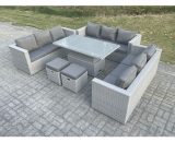 Fimous Light Grey U Shape Lounge Rattan Garden Furniture Set Adjustable Rising Lifting Table Dining Set 2 Stools 4000101011340AB 9331615670816