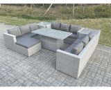 Fimous U Shape Lounge Rattan Garden Furniture Set Height Adjustable Rising Lifting Table Dining Set With 2 PC Side Coffee Table Footstool 40001010109091240AB 9331632452587