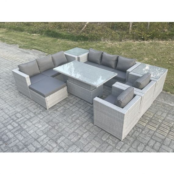 Fimous Rattan Garden Funiture Set Height Adjustable Rising Lifting Table Sofa Dining Set Lounge Chair 2 Side Table Footstool 4000101060609091240AB 9331632452372