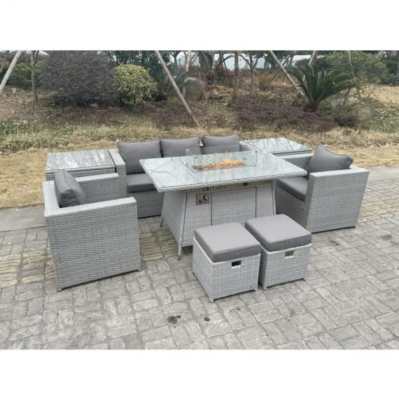 Fimous Rattan Garden Furniture Set Gas Fire Pit Lounge Sofa Chair Dining Set With 2 Side Table And 2 PC Arm Chair 2 Stools 4.00010606090914E+018 9331615671561