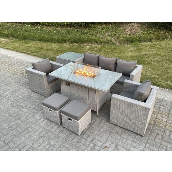 Fimous Rattan Garden Furniture Set Gas Fire Pit Lounge Sofa Chair Dining Set With Side Table And 2 PC Arm Chair Stools 4.00010606091364E+016 9331615671295