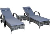 3 pcs Rattan Lounger Recliner Bed Garden Furniture Set w/ Side Table - Grey - Outsunny 5055974882447 5055974882447
