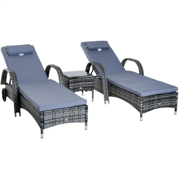 3 pcs Rattan Lounger Recliner Bed Garden Furniture Set w/ Side Table - Grey - Outsunny 5055974882447 5055974882447