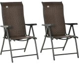 Set of 2 Outdoor Rattan Folding Chair Set w/ Adjustable Backrest Brown - Brown - Outsunny 5056534574604 5056534574604