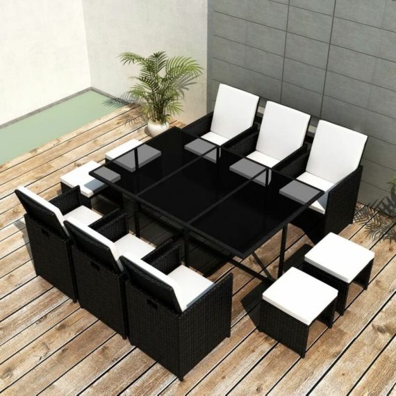 11 Piece Outdoor Dining Set with Cushions Poly Rattan Black VDTD33974 - Topdeal VDTD33974_UK