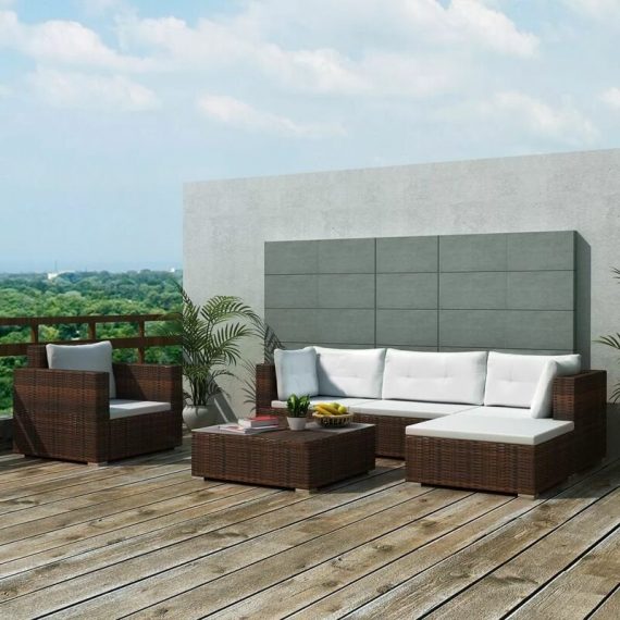 6 Piece Garden Lounge Set with Cushions Poly Rattan Brown VDTD33983 - Topdeal VDTD33983_UK