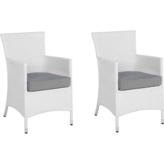 Beliani - Modern Outdoor Garden Ding Chairs Set of 2 White Faux Rattan Grey Cushion Italy - White 189247 4251682234917