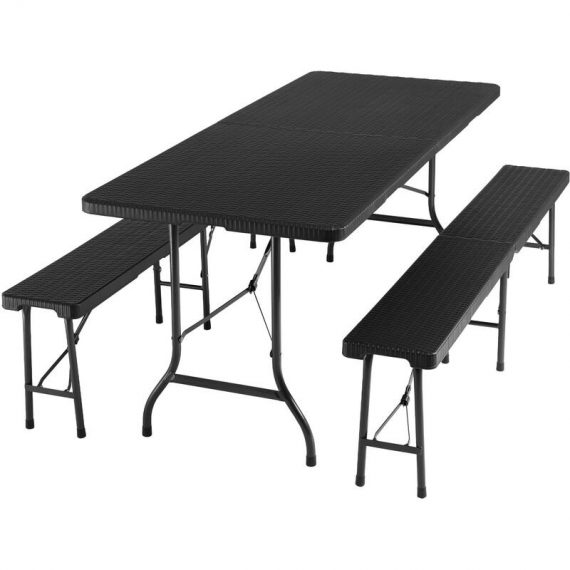 Dining table and bench set - dining table and bench set, camping table, dining table with bench - black-rattan look - black-rattan look 404528 4061173210586