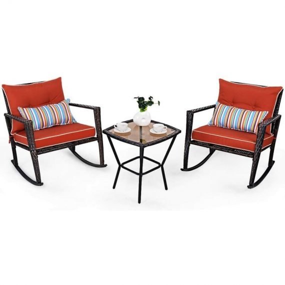 3 pcs Rattan Wicker Rocking Bistro Set, Glass Coffee Tea Table and 2 Rocking Chairs with Cushion & Waist Pillow, Conversation Sets for Outdoor Garden HW57335RE 6952938352451