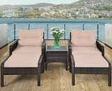 5 Piece Rattan Sofa Set Outdoor Indoor Use Wicker Lounge Chair Ottoman W/Cushion HW66651BN+