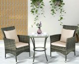 3 Piece Garden Furniture Set Patio Rattan Wicker Cushioned Chairs w/ Glass Table HW54828 753215530977