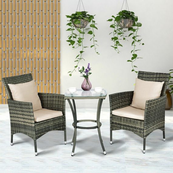 3 Piece Garden Furniture Set Patio Rattan Wicker Cushioned Chairs w/ Glass Table HW54828 753215530977