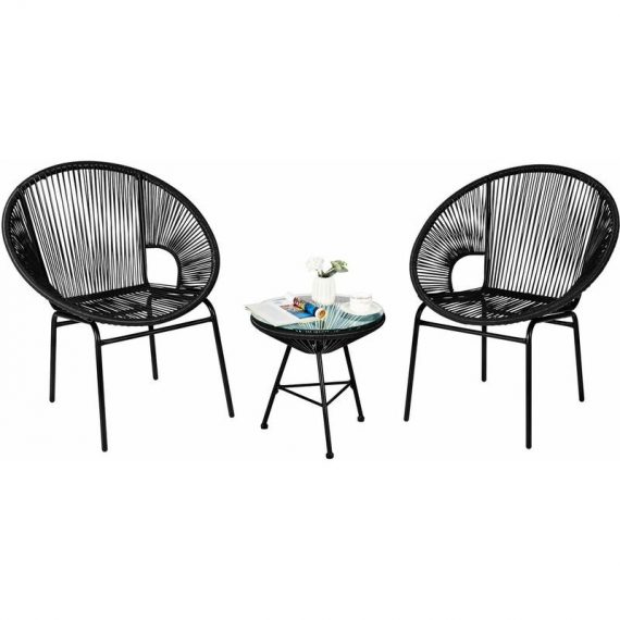 3-pc Patio Furniture Set Outdoor pe Rattan Woven Chairs w/Tempered Glass Table HW66981BK 661706112321