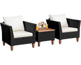 3 Piece Rattan Furniture Set, Sectional Patio Bistro Set with 2 Cushioned Sofas and 1 Acacia Table, Outdoor Wicker Weave Conservatory Table Chairs HW66532WH 615200217884