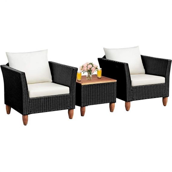 3 Piece Rattan Furniture Set, Sectional Patio Bistro Set with 2 Cushioned Sofas and 1 Acacia Table, Outdoor Wicker Weave Conservatory Table Chairs HW66532WH 615200217884
