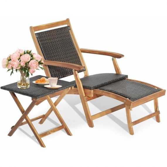 Folding Patio Rattan Sun Lounge Chair Table Set Wicker Table Acacia Wood Chair HW70244