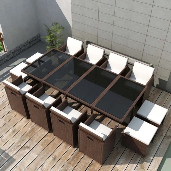 13 Piece Outdoor Dining Set with Cushions Poly Rattan Brown VD33979 - Hommoo VD33979_UK