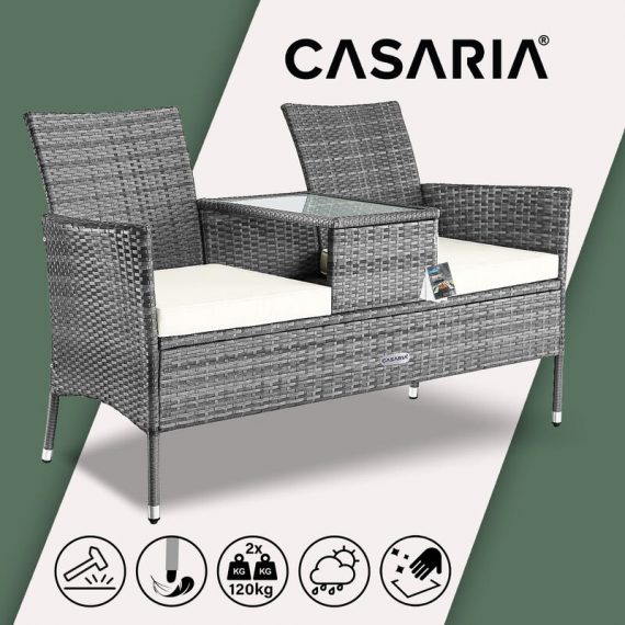 Poly Rattan Cinema Bench 2 Seater Table Tray Cushions & Pads Black Cream Grey 109331 4251779110391