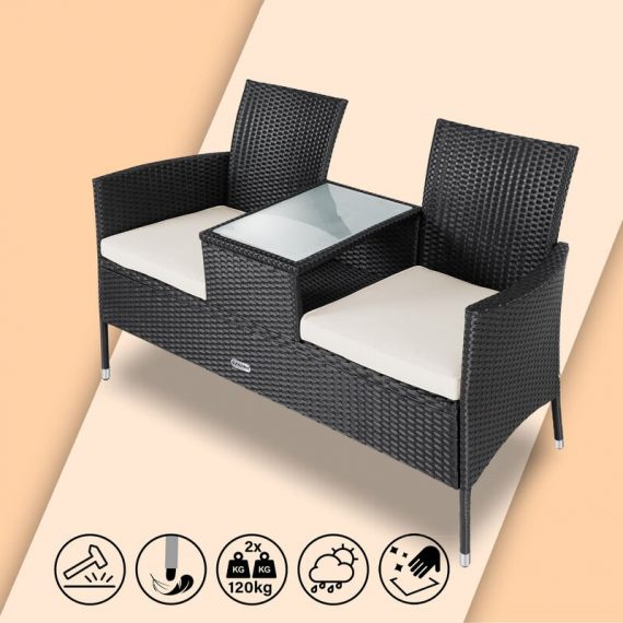 Poly Rattan Cinema Bench 2 Seater Table Tray Cushions & Pads Black Cream Anthracite 106763 4250525362084