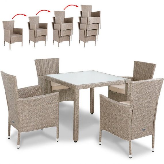 Deuba Poly Rattan Garden Furniture Dining Table and Chairs Set Rectangular Glass Top Stackable Beige or Black Outdoor Patio Dining Set (Beige) 993322 4250525361582