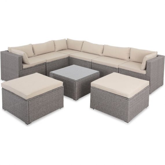 Poly Rattan xxl Lounge Set With Thick Cushions + 2 Stools Seating Group Garden Lounge Furniture Set beige-grau/beige (de) - Casaria 994200 4250525374292