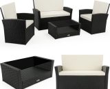 Poly Rattan Lounge Set 7 cm (2.7 in) Pads 2 Armchairs Bench Table Sofa Garden Balcony Pation Outdoor Furniture Black Cream - Casaria 994647 4251779107230